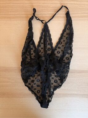 Victoria’s Secret Black Sheer Lace Teddy Bodysuit | Deep Plunge Lingerie | S/M